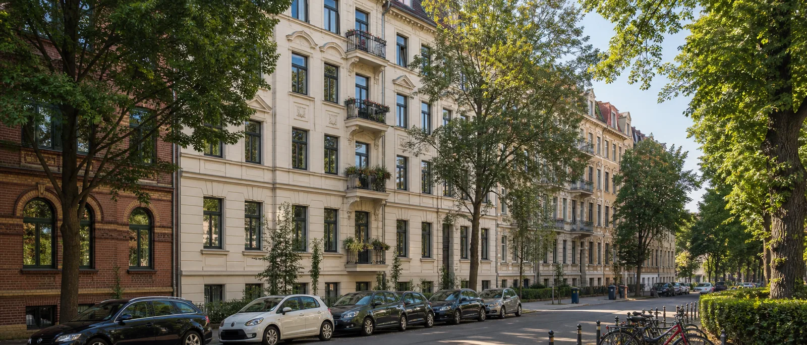 Baumbestandene deutsche Wohnstraße mit gepflegten Mehrparteienhäusern
