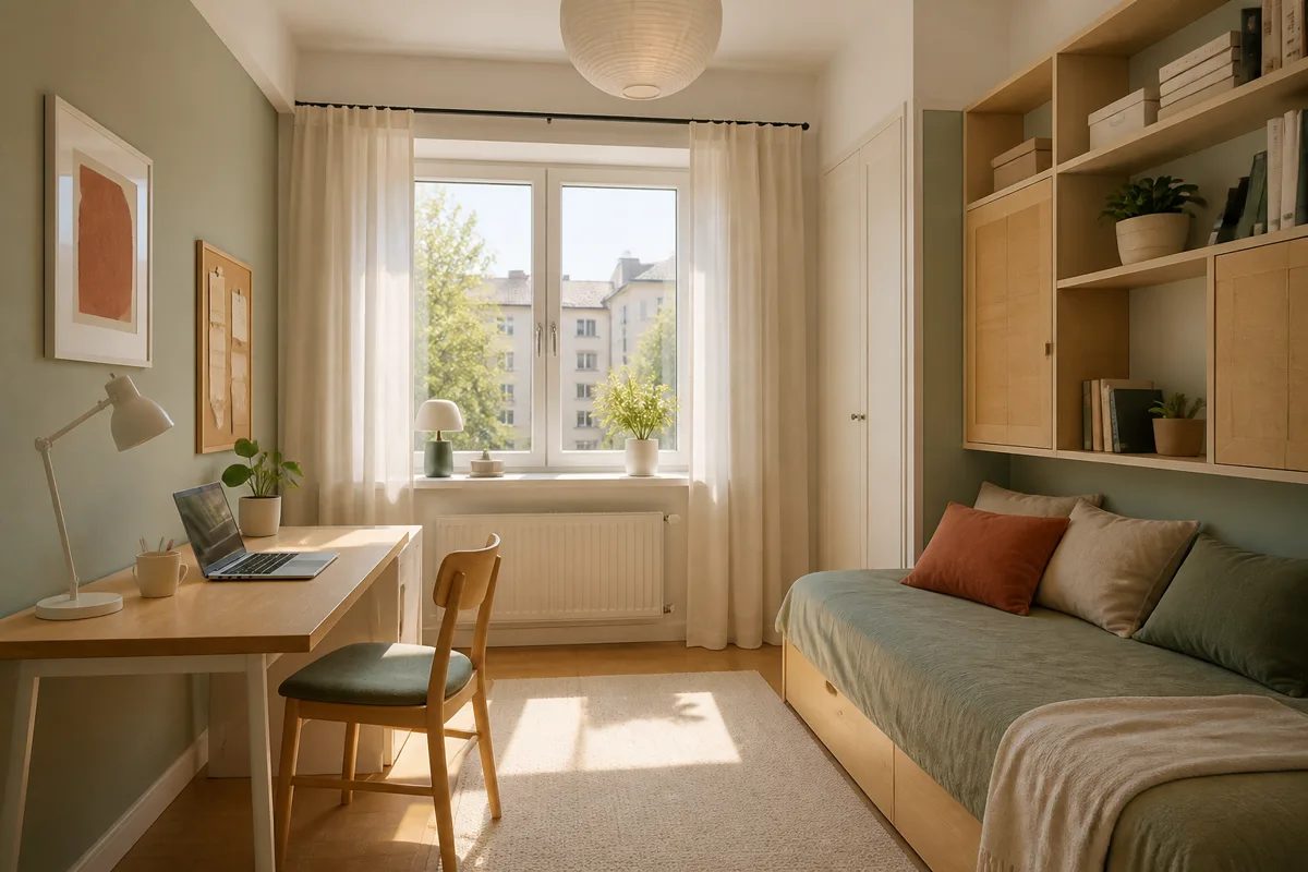 Zweites Zimmer mit Arbeitsplatz und Tagesbett in einer Stadtwohnung